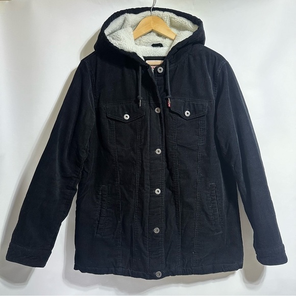 Levi's Jackets & Blazers - Levi's black Women's The Mia Corduroy Hooded Sherpa Trucker zip button Jacket